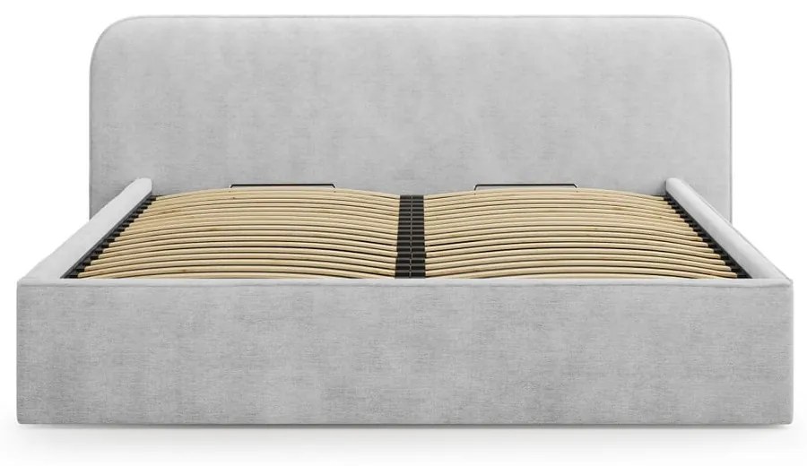 Pat matrimonial gri deschis tapițat cu spațiu de depozitare cu somieră 200x200 cm Elizabeth – Micadoni