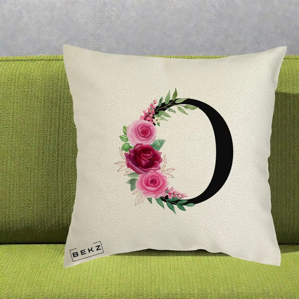 Cadou Personalizat - Perna Personalizata Monograma Florala Litera O, 40x40 cm, Ecru, Husa Detasabila, Perna Inclusa, BEKZ®