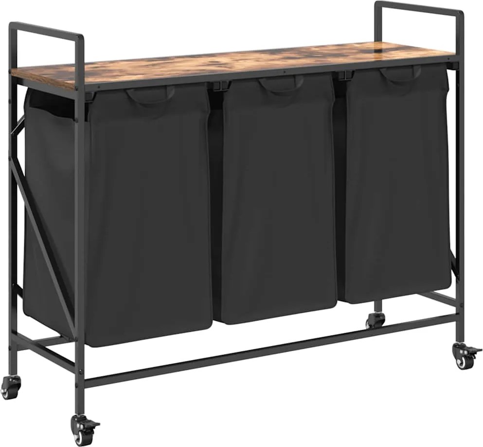 vidaXL Coș de rufe 3 compartimente cu roți stejar fumuriu