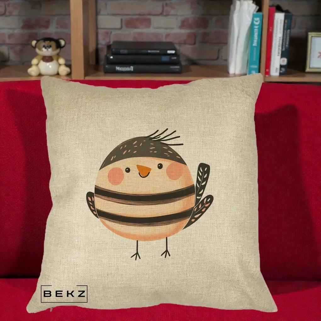 Perna Decorativa Pui Kawaii Bej-Negru Dungat, 40x40 cm, Crem, Husa Detasabila, Perna Inclusa, BEKZ®
