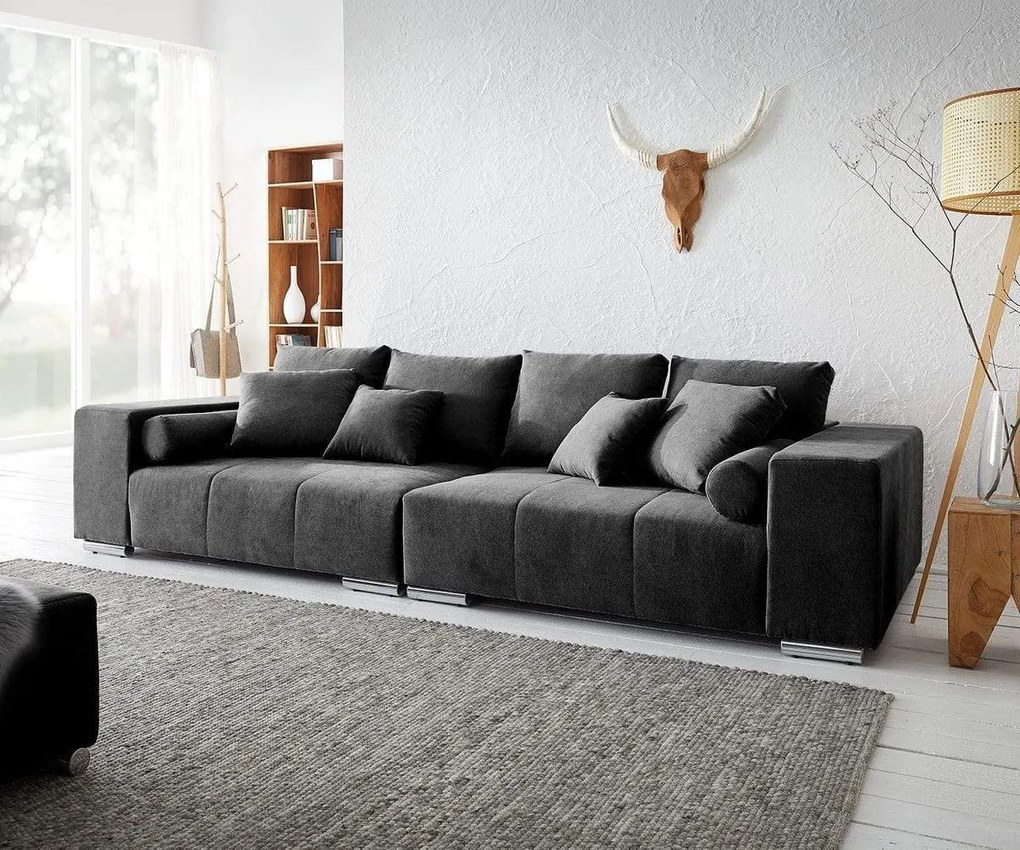 Canapea extensibilă dumonde cu ladă de depozitare si sezut confortabil din spuma high-density, Marbela Enjoy Black XXL 295x100 cm cu taburet inclus