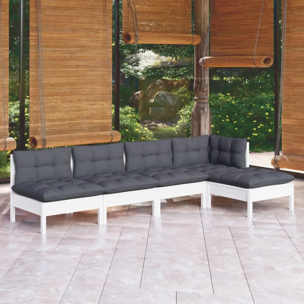3096335 vidaXL Set mobilier grădină cu perne, 5 piese, alb, lemn de pin
