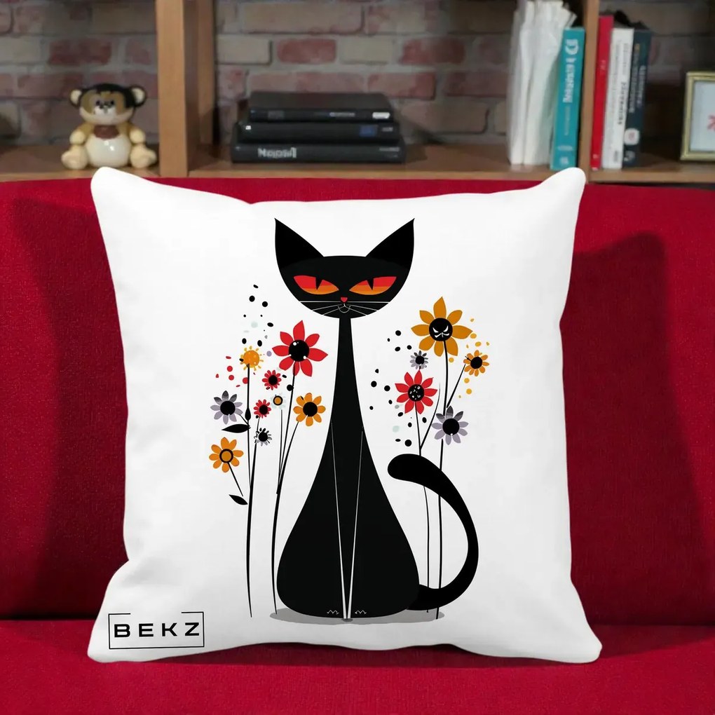 Perna Decorativa Pisica Neagra Ochi Rosii Flori, 40x40 cm, Alba Mata, Husa Detasabila, Perna Inclusa, BEKZ®
