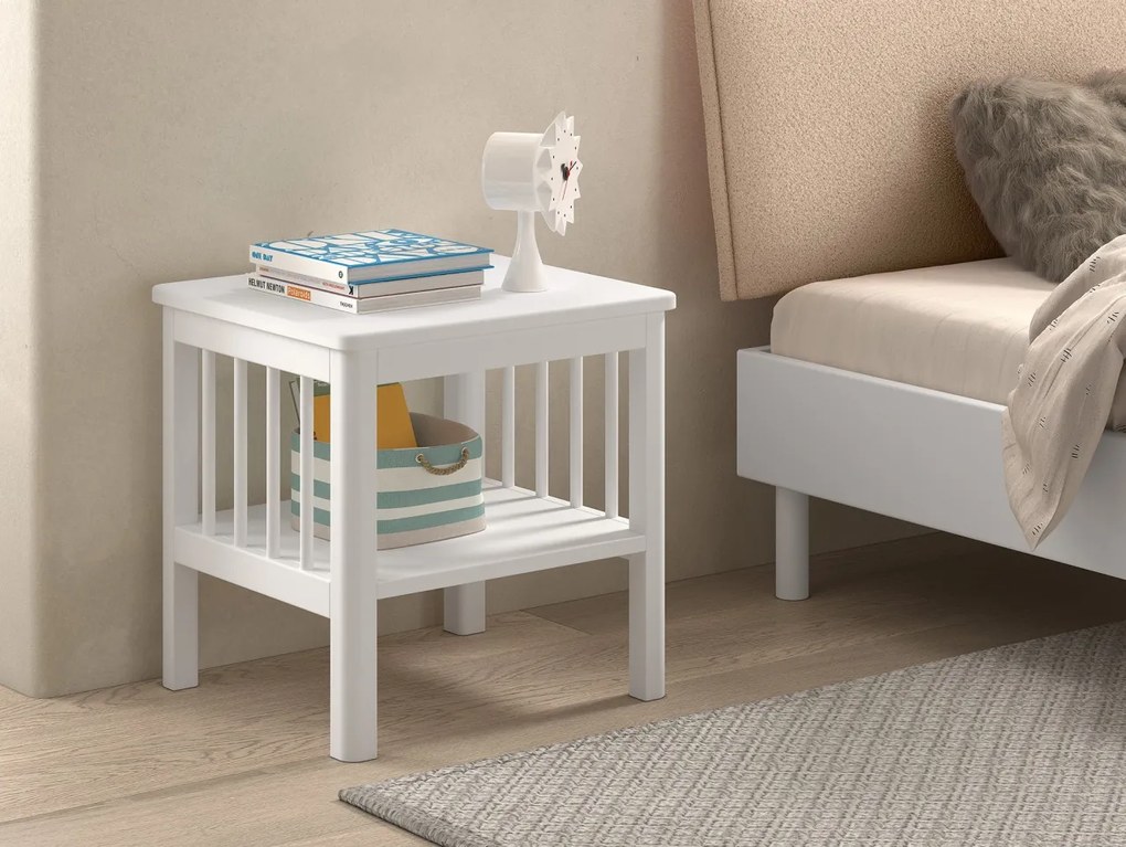 Set Mobilier Camera Copii Forrest Beech, Pat 90x200 cm, Dulap cu 2 Uși și Noptieră, din Lemn Masiv de Fag, Alb – Vipack