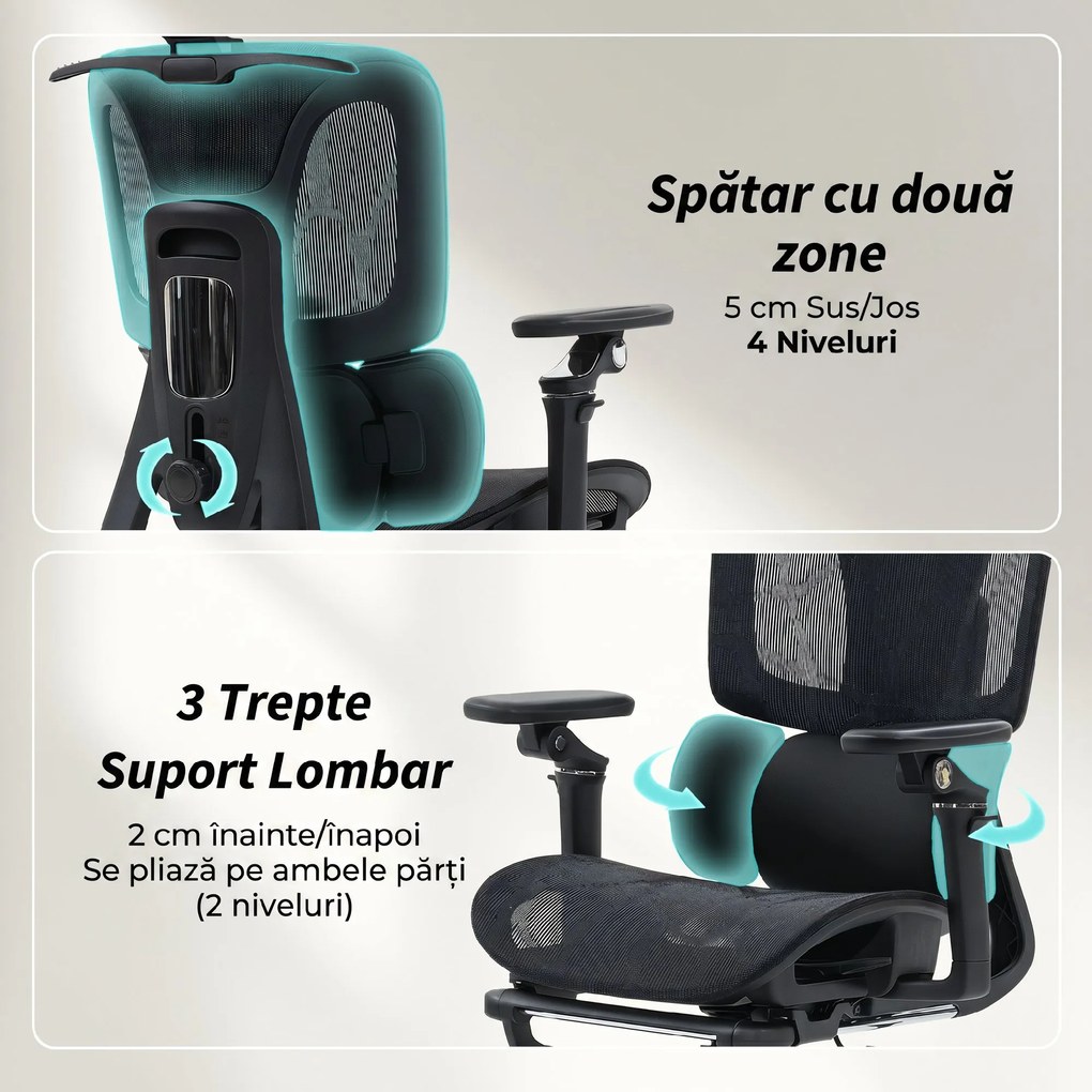 HOMCOM Scaun de Birou Ergonomic din Plasă cu Cotiere, Tetieră, Spătar Reglabil, Funcție Legănare, Negru | Aosom Romania