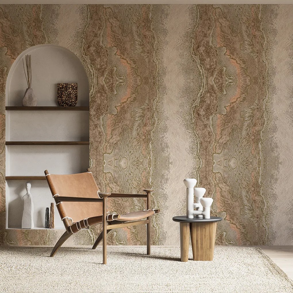 Tapet dormitor vinil, maro-auriu, model Anoria
