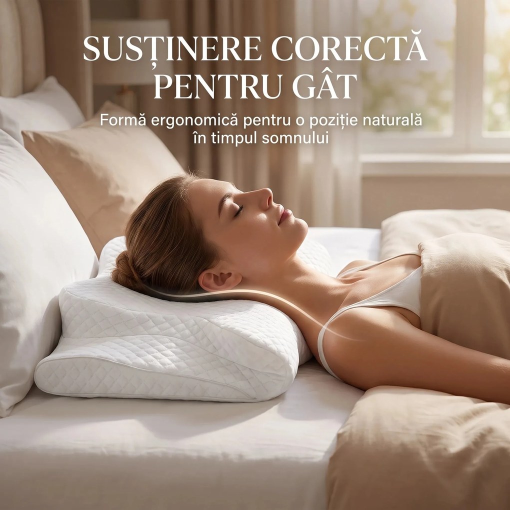 RESIGILAT- Perna cervicala ortopedica CERVI-SAN Memory Plus, doua inaltimi si suport brate, husa Tencel