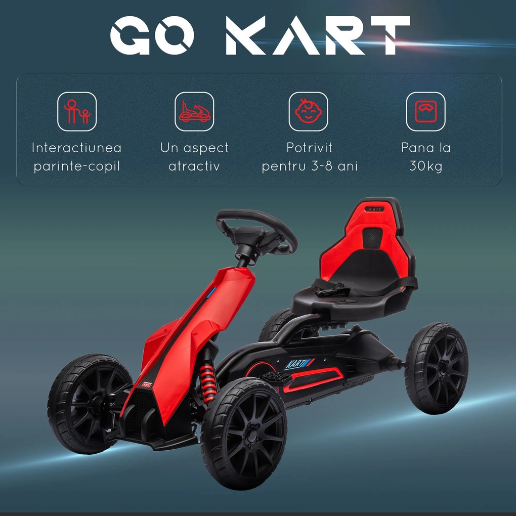 Kart cu pedale pentru copii cu vârsta între 3-8 ani cu scaun reglabil în 4 poziții și roți EVA, 100x58x58,5cm roșu și negru HOMCOM | Aosom Romania