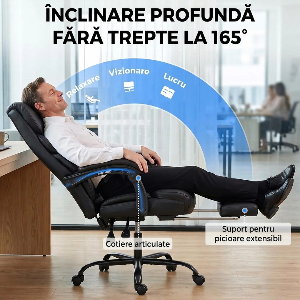 HOMCOM Scaun de birou ergonomic rotativ, rabatabil 165°, din piele ecologică PU, cu suport pentru picioare și înălțime reglabilă, negru | Aosom Romania