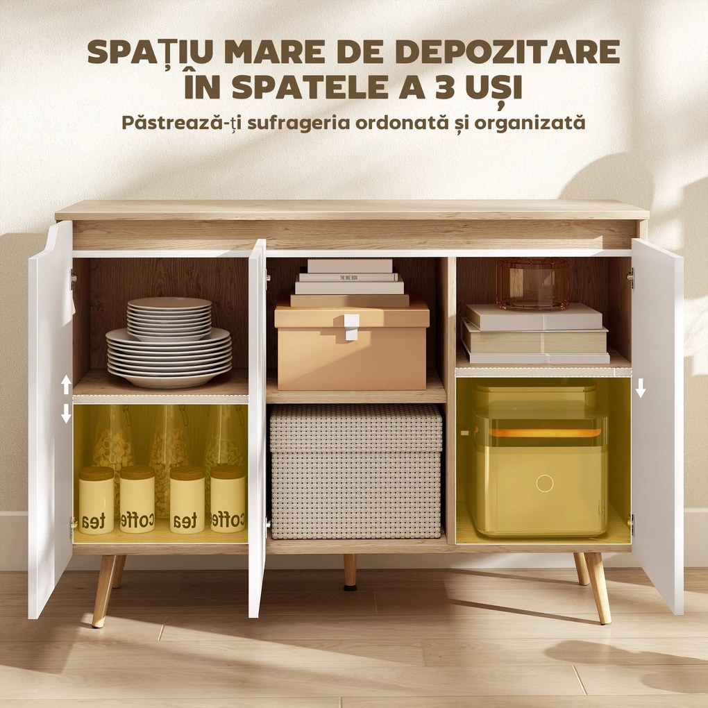 HOMCOM Bufet Bucătărie, Mobilier Bucătărie cu 3 Uși, Rafturi Ajustabile și 5 Picioare din Lemn de Cauciuc, Stil Modern, Bufet pentru Living, Sufragerie, Sală de Masă, Alb și Stejar | Aosom Romania