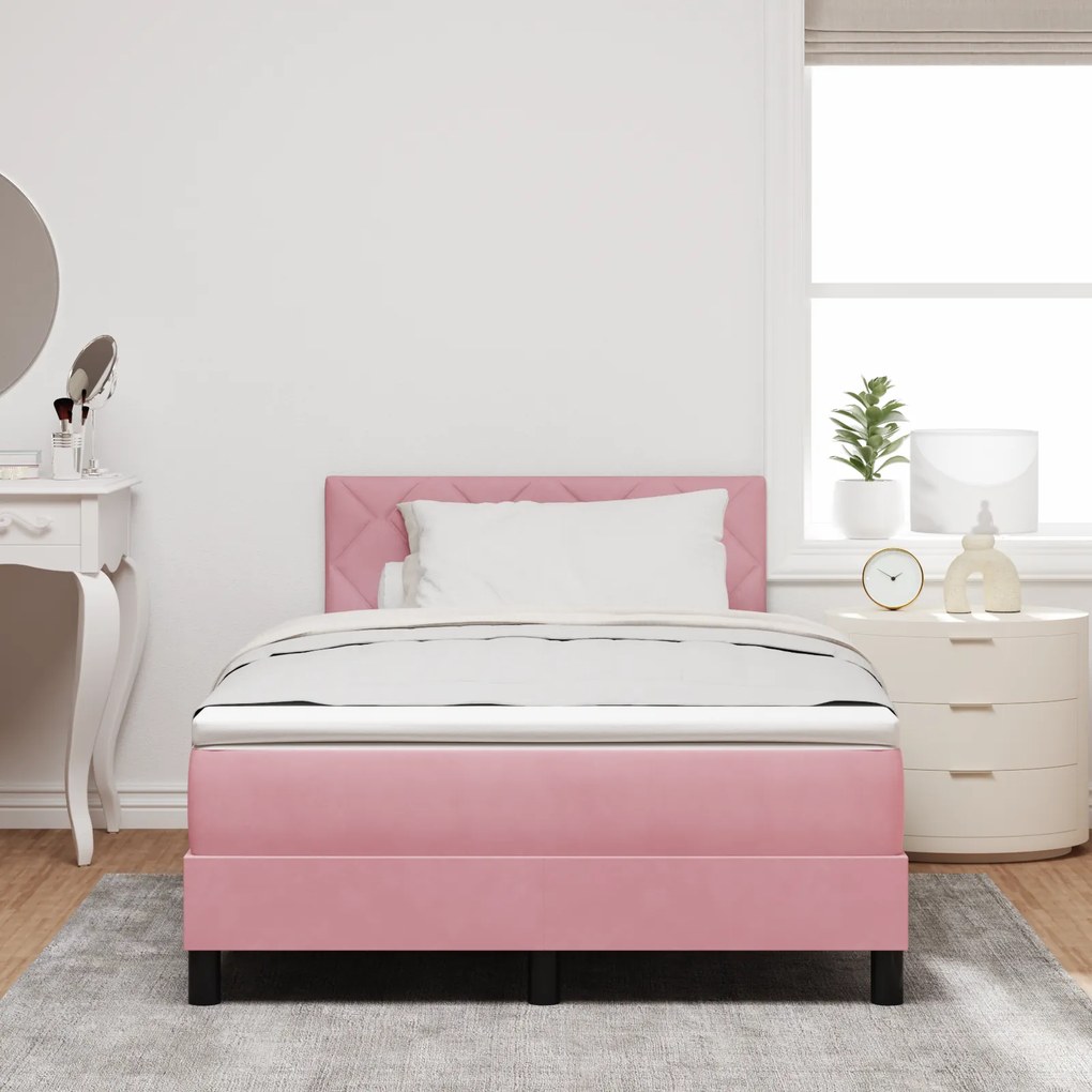 vidaXL Pat box spring cu saltea &amp; LED, roz, 120x190 cm catifea