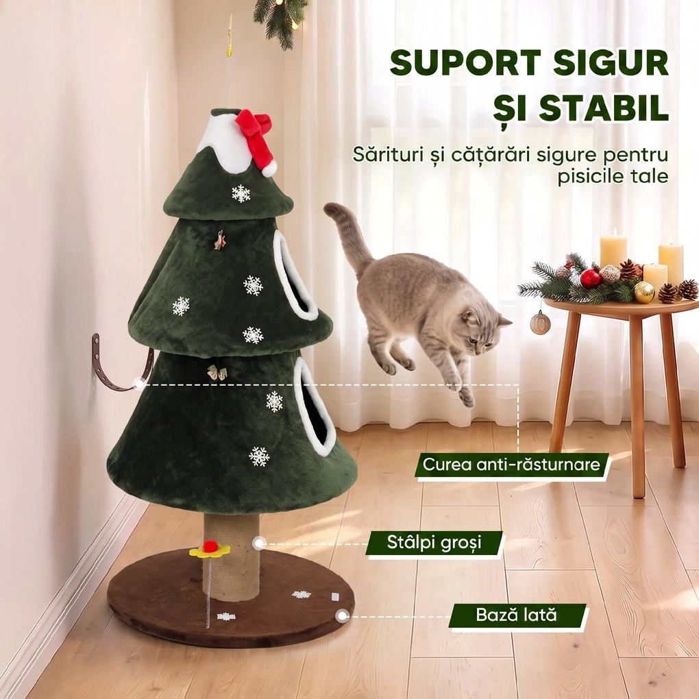 PAWHUT Ansamblu de Zgâriat pentru Pisici, Brad de Crăciun, 2 Culcușuri, Scară din Sisal, Stâlpi din Iută și Mingi, Verde | Aosom Romania