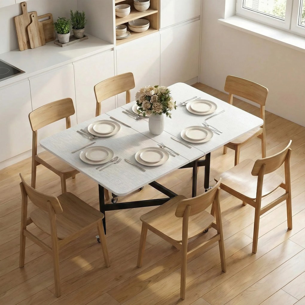HOMCOM Masă de Dining Pliabilă, Masă Rabatabilă cu Roți și Frâne pentru 4-6 Persoane, Birou Compact cu Structură din Oțel, pentru Living, 120x80x73 cm, Alb cu Aspect de Lemn | Aosom Romania