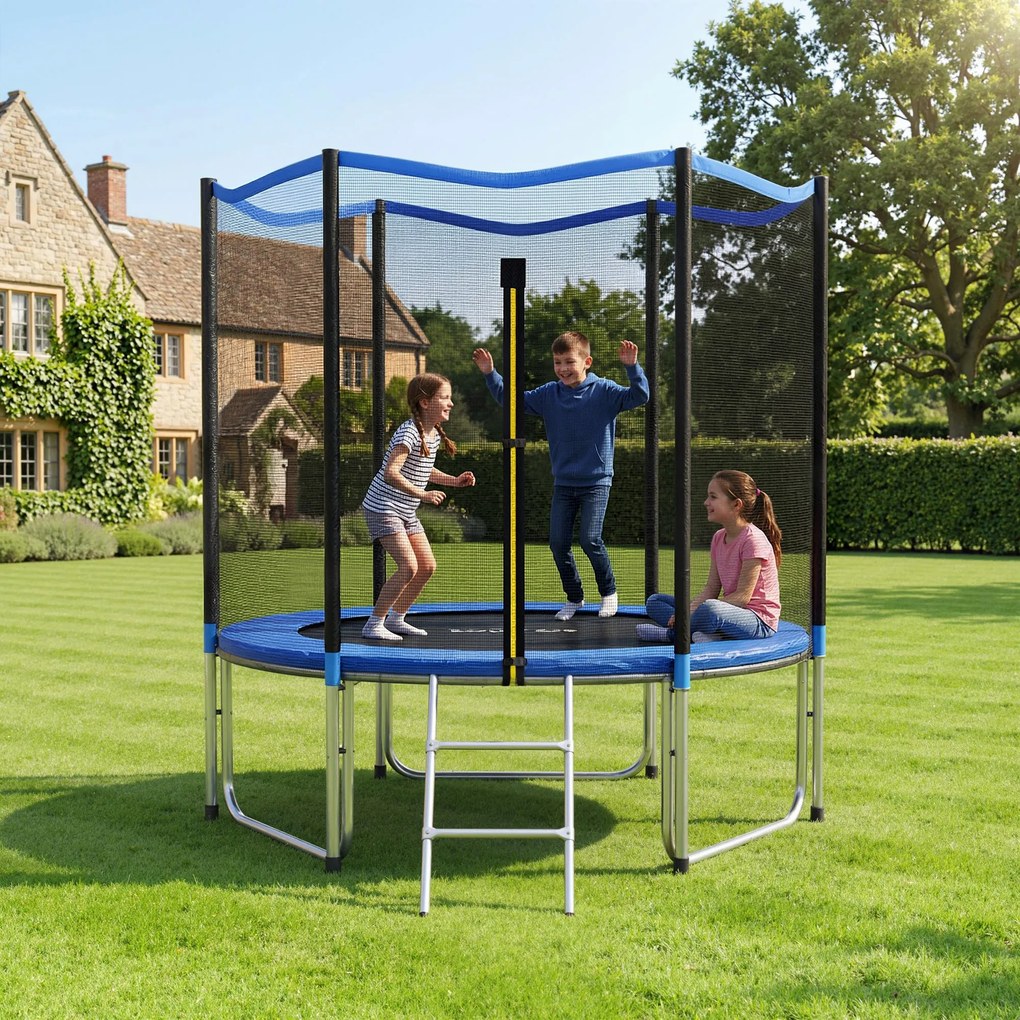 SPORTNOW Trambulină Elastică pentru Adulți Ø244cm, Covor Elastic pentru Adulți cu Plasă de Protecție, Scară cu 2 Trepte, Protecție pentru Arcuri, Structură din Oțel, Capacitate 100kg, Albastru | Aosom Romania