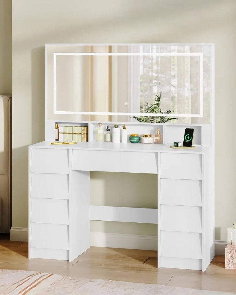 Masuta machiaj cu Oglinda LED si 9 Sertare pentru Cosmetice, Set Masa toaleta 109 cm, Alb, masuta cosmetica, vanity - SEA19