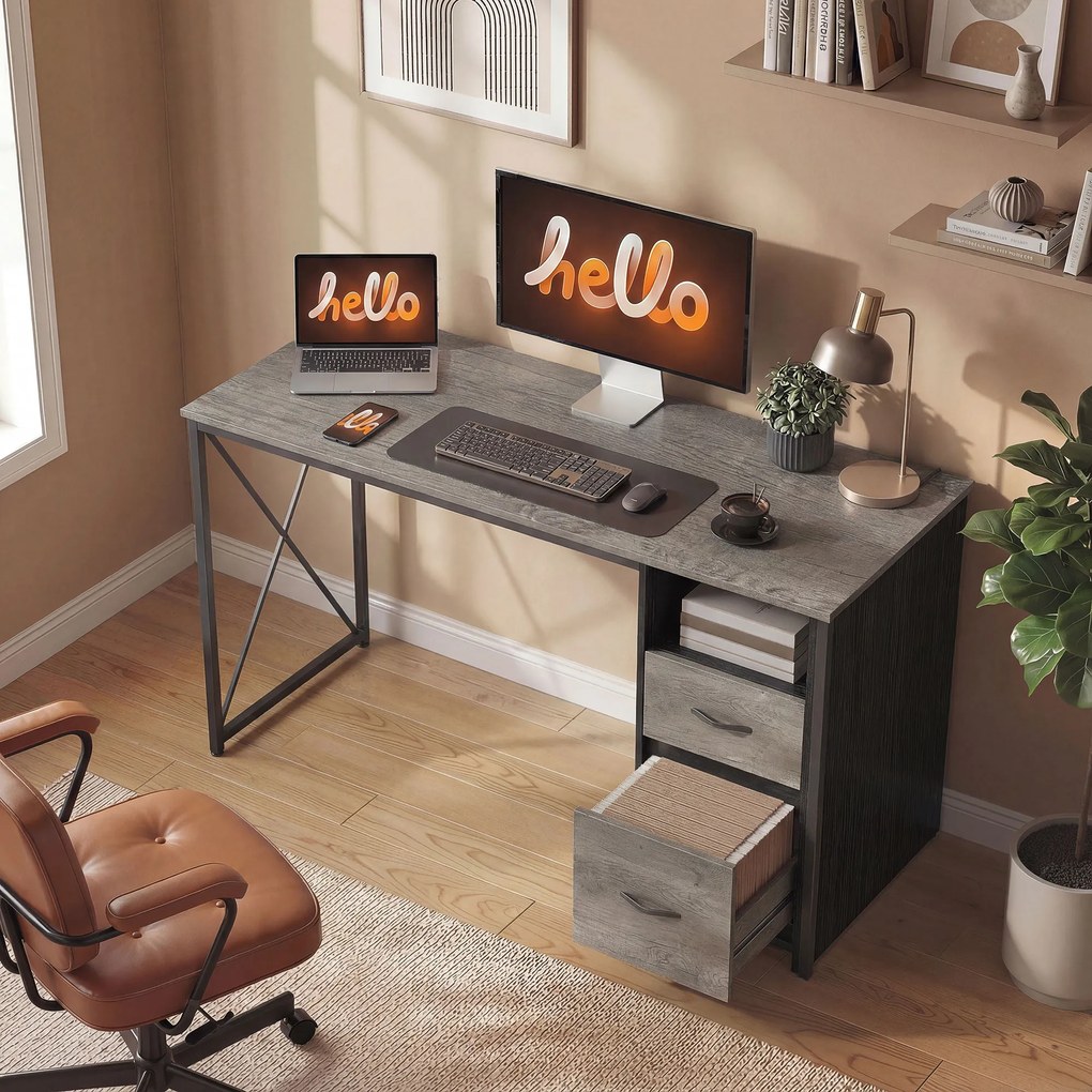 HOMCOM Masă pentru calculator 120x50 cm Birou industrial cu compartiment și 2 sertare pentru birou Gri deschis | Aosom Romania