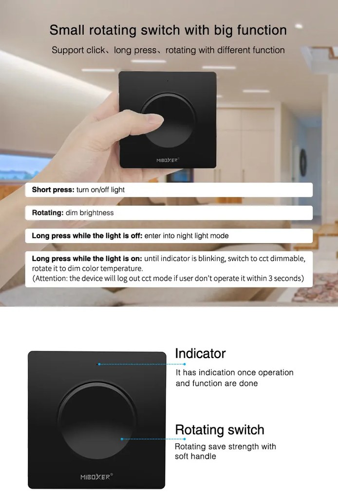 Variator de perete pentru banda LED, compatibil cu banda led monocolora si CCT, montaj aplicat, negru,MiBoxer Milight
