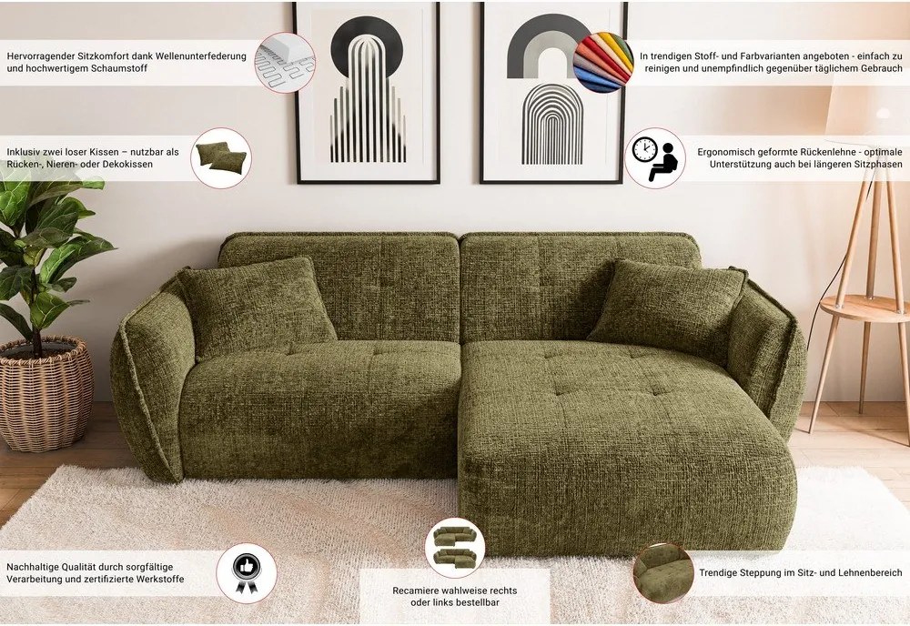 Colțar verde cu tapițerie din chenille (cu colț pe partea dreaptă/cu șezlong) Nelia – Ropez