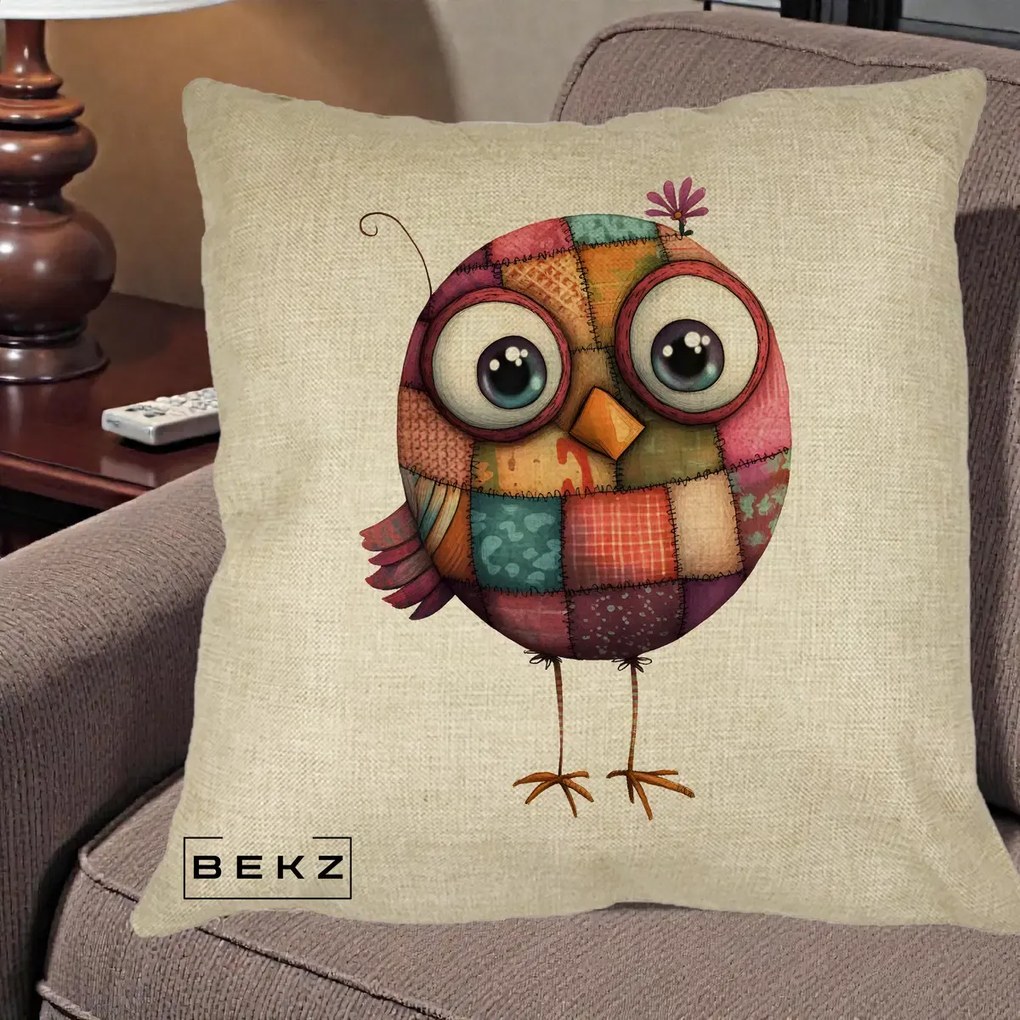 Perna Decorativa Pasare Patchwork Roz cu Floare, 40x40 cm, Crem, Husa Detasabila, Perna Inclusa, BEKZ®