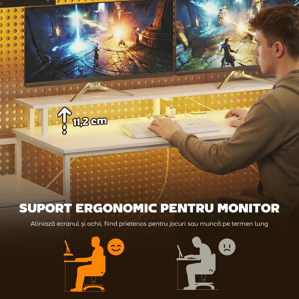 HOMCOM Birou Gaming cu Suport CPU Reglabil Reversibil și LED, 147x47 cm, Stație de Încărcare, Suport Monitor, 3 Sertare din Material Textil, pentru Acasă, Birou sau Studio, Alb | Aosom Romania