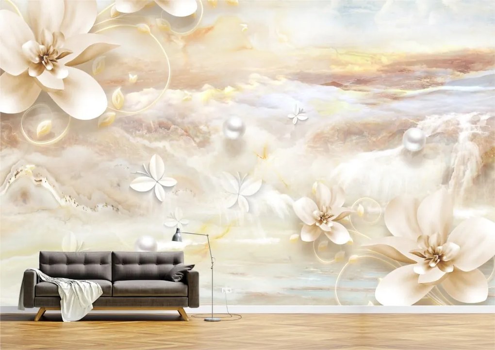 Tapet Premium Canvas - Abstract flori crem
