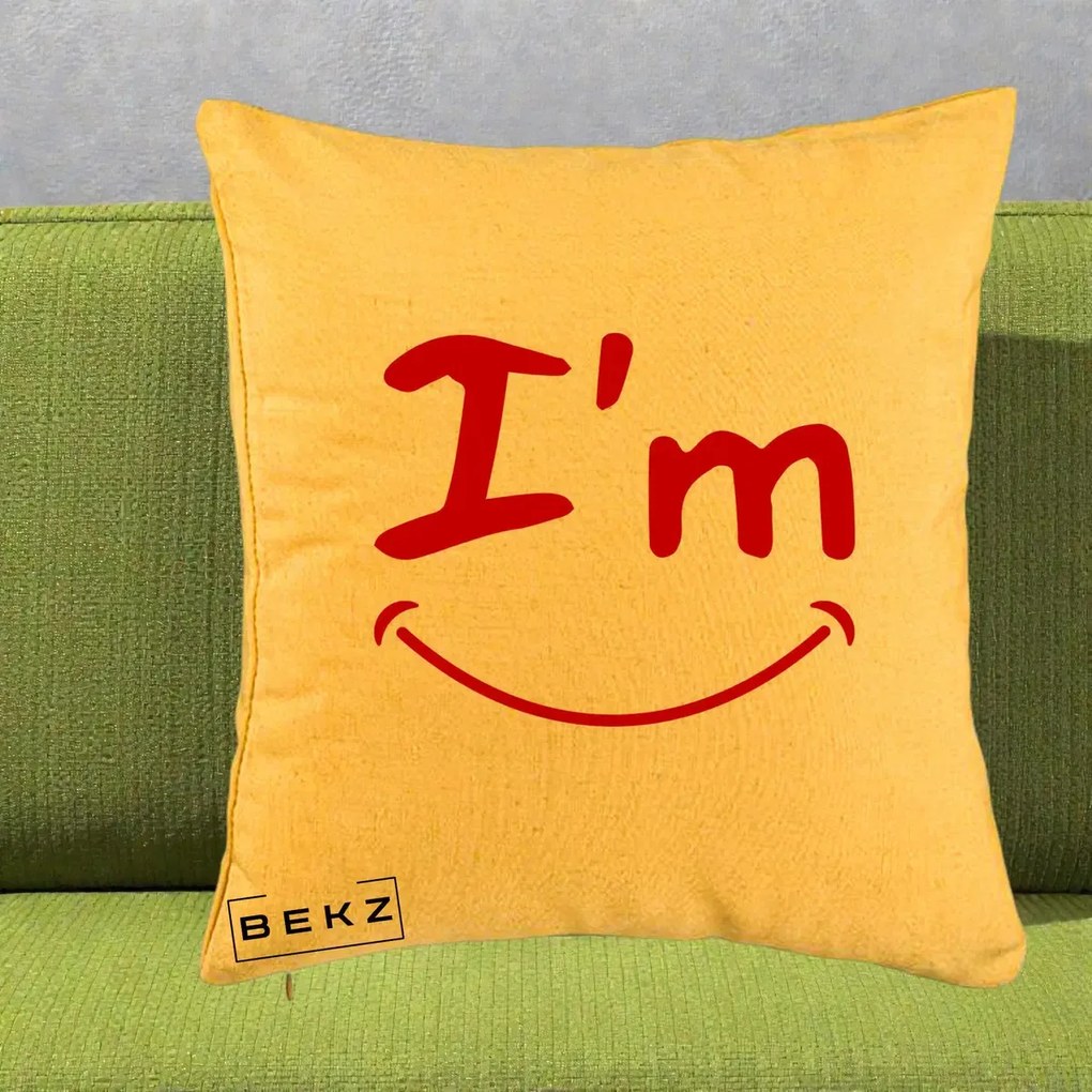 Perna Decorativa I'm Happy Smile, 40x40 cm, Galben, Husa Detasabila, Perna Inclusa, BEKZ®