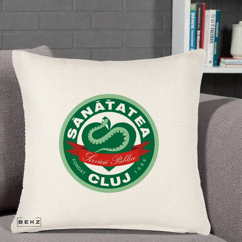 Perna Personalizata Sanatatea Cluj Servicii Publice 1986, 40x40 cm, Crem Reliefat, Husa Detasabila, Perna Inclusa, BEKZ®