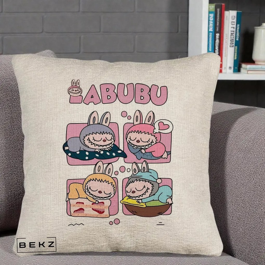 Perna Personalizata Labubu Sleeping Quad Grid, 40x40 cm, Bej Canapea, Husa Detasabila, Perna Inclusa, BEKZ®