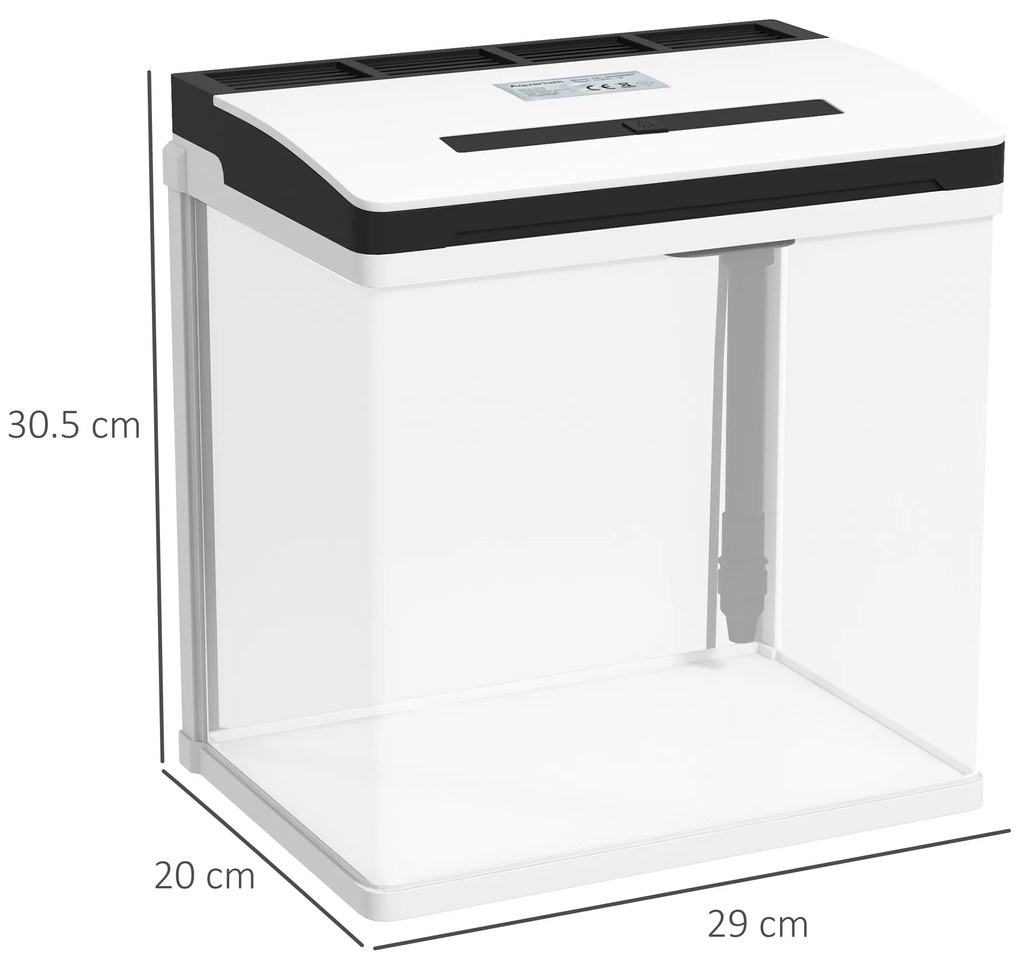 PawHut Acvariu de 13L, de Sticla cu Filtru, Iluminare cu LED-uri, Pompa de Apa, 29x20x30,5cm - Alb