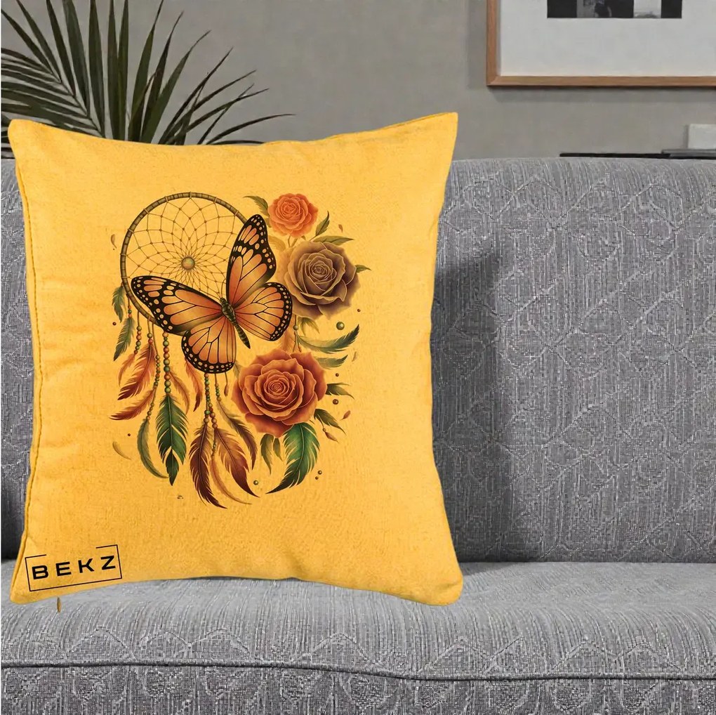 Perna Personalizata Prinzator de Vise cu Fluture si Trandafiri, 40x40 cm, Galben, Husa Detasabila, Perna Inclusa, BEKZ®
