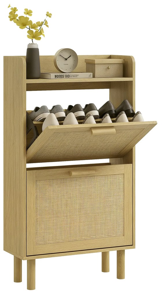 HOMCOM Dulap Pantofi 2 uși batante raft răchită țesută design boem 80L x 24,5l x 110H cm | Aosom Romania