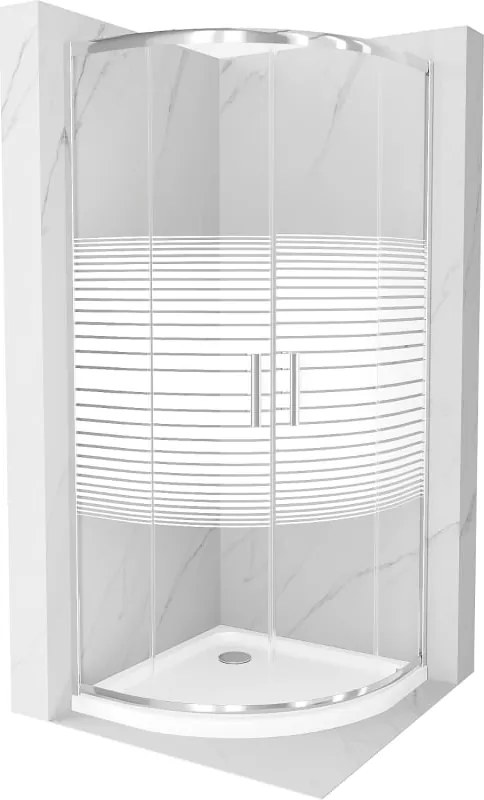Mexen Rio cabina de duș semicirculară 80 x 80 cm, dungi albe, crom + cadă de duș Flat, albă - 863-080-080-01-20-4110