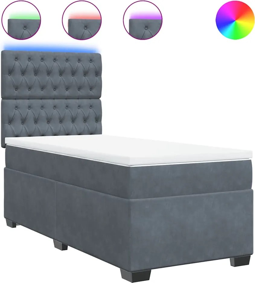 vidaXL Pat box spring cu saltea, gri închis, 90x200 cm, catifea