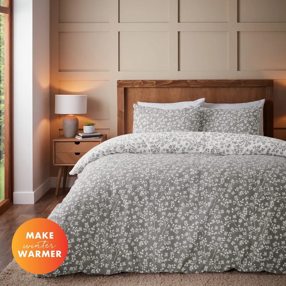 Lenjerie de pat gri din flanelă pentru pat de o persoană 135x200 cm Grace Floral Leaf – Catherine Lansfield