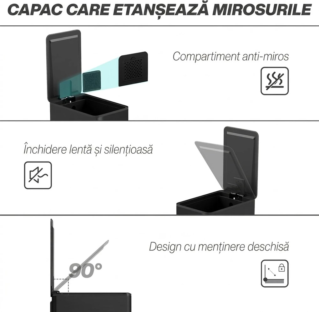 HOMCOM Coș de gunoi 20L cu închidere lentă și recipient detașabil, din oțel și PP, 21,5x37,2x57 cm, negru | Aosom Romania