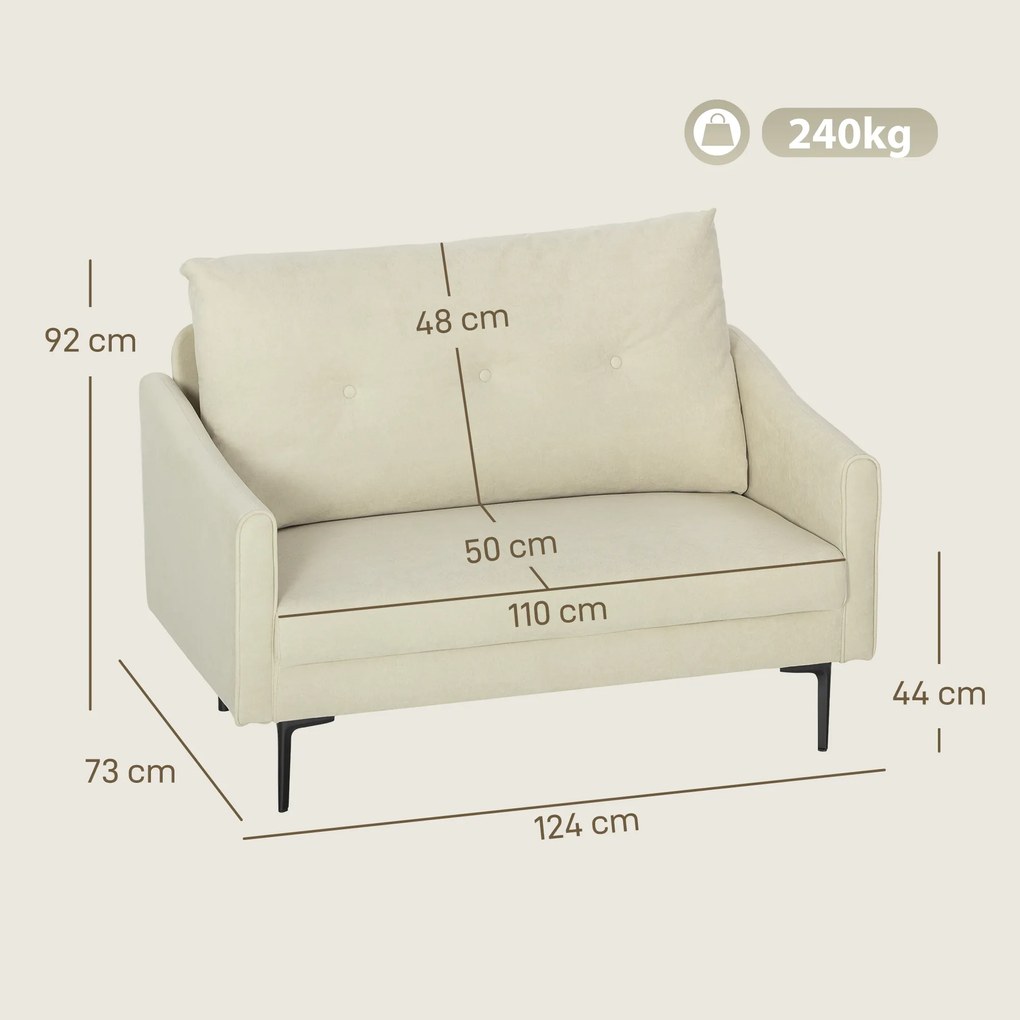 HOMCOM Canapea cu 2 Locuri din Catifea cu Spătar Matlasat și Pernă Detașabilă, Canapea Compactă Modernă cu Picioare din Metal pentru Sufragerie, 124x73x92 cm, Crem | Aosom Romania