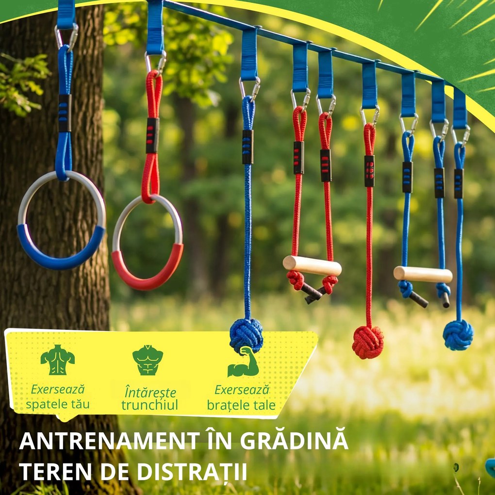 AIYAPLAY Ninja Line copii 10 m set Slackline 9 piese cu 2 inele, leagăn 3-în-1, 2 bare de cățărat pentru 3-8 ani multicolor | Aosom Romania