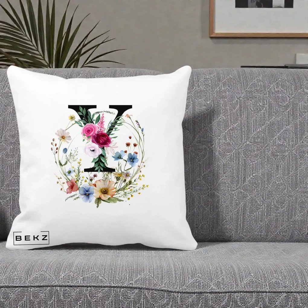 Cadou Personalizat - Perna Personalizata Monograma Florala Litera Y cu Coroana, 40x40 cm, Alba Mata, Husa Detasabila, Perna Inclusa, BEKZ®