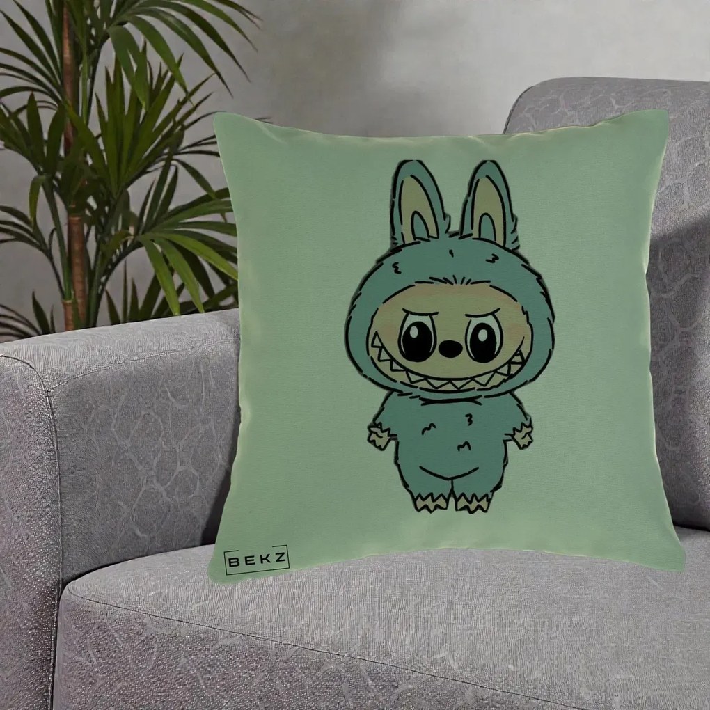 Perna Personalizata Labubu Albastru-Gri Solo, 40x40 cm, Verde, Husa Detasabila, Perna Inclusa, BEKZ®