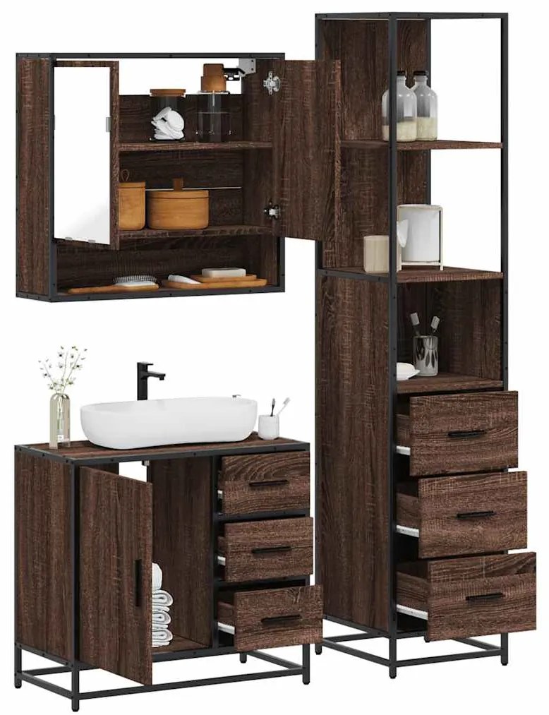 vidaXL Set mobilier de baie, 3 piese, stejar maro, lemn prelucrat