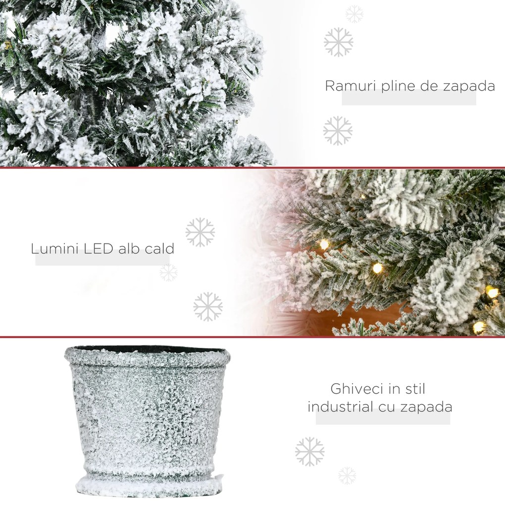 Brad de Craciun Artificial Inzapezit 60 de Lumini LED Albe si 116 Ramuri, Baza cu vas detasabil HOMCOM | Aosom RO