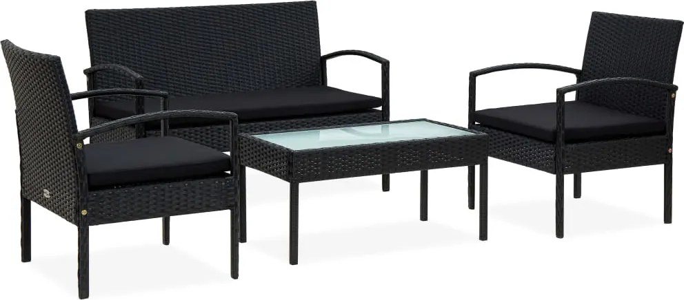 vidaXL Set mobilier de grădină cu perne, 4 piese, negru, poliratan