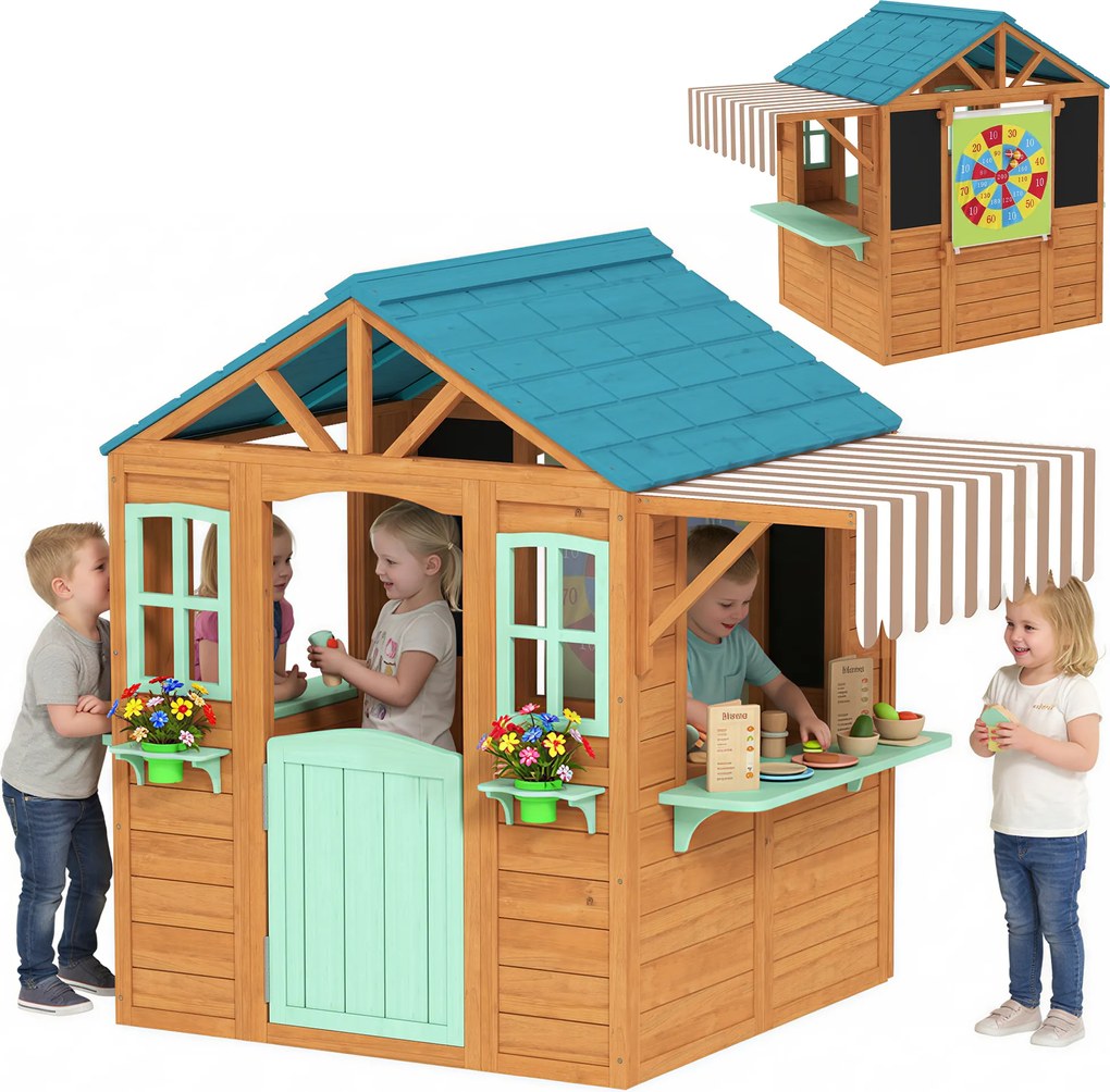AIYAPLAY Căsuță de joacă pentru exterior cu tejghea de vânzare, ghiveci pentru plante, tablă de cretă, țintă, 4 bile 142 x 120 x 141,5 cm Multicolor | Aosom Romania