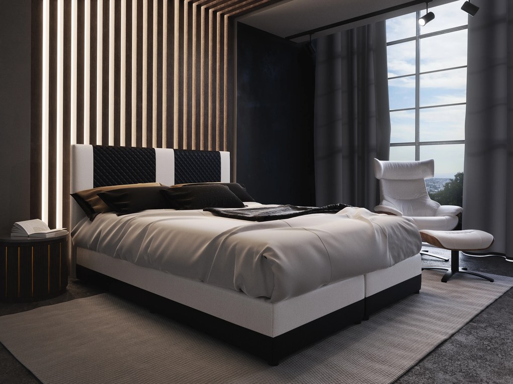 Pat matrimonial Boxspring 140 cm Pecos Comfort (Piele ecologică + Negru + Alb) (cu saltea și sp. depozitare). 1056265