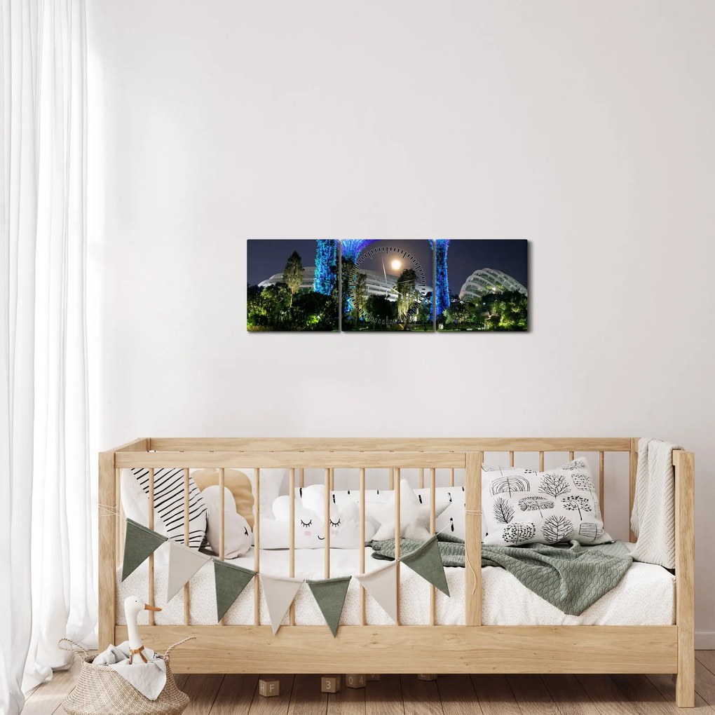 Tablou cu lună plină în grădinile din Singapur (cu ceas) (90x30 cm)