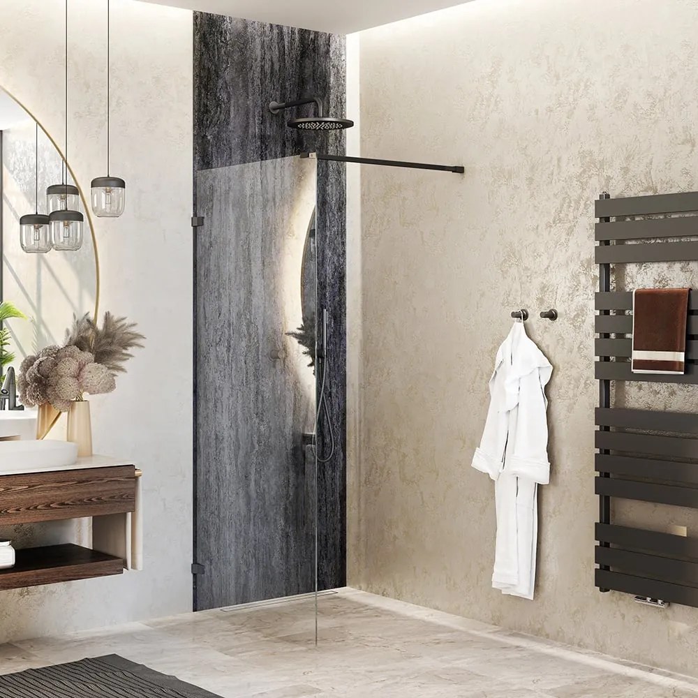 Paravan de dus fix, 90x200 cm, sticla securizata 8 mm, profil negru, Roth Melina 900x2000 mm, Negru