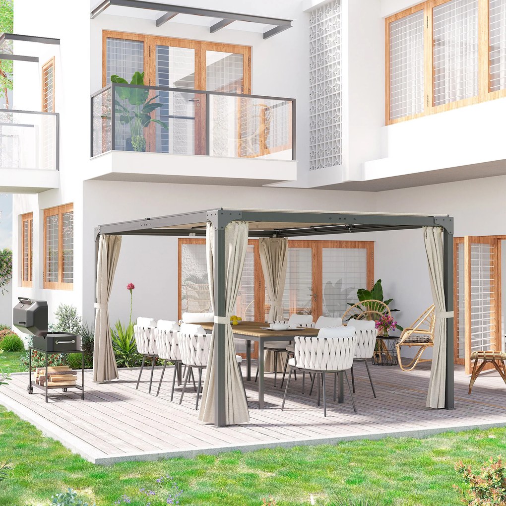 Outsunny Foisor cu pergola 3 x 3 (m) cu acoperis extensibil, Adapost cu copertina cu pergola retractabila cu perdele, Cadru din aluminiu pentru gradina, peluza, curte si terasa, bej | Aosom Romania