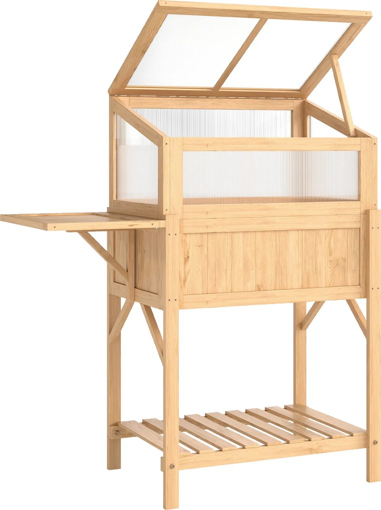 Outsunny Pat înălțat cu capotă pentru mini-seră din lemn jardinieră cu seră pliabilă masă laterală raft lemn natural | Aosom Romania