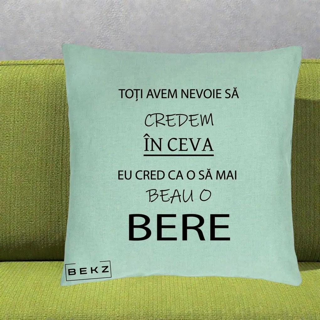 Perna Decorativa Eu Cred ca mai Beau o Bere, 40x40 cm, Verde Menta, Husa Detasabila, Perna Inclusa, BEKZ®