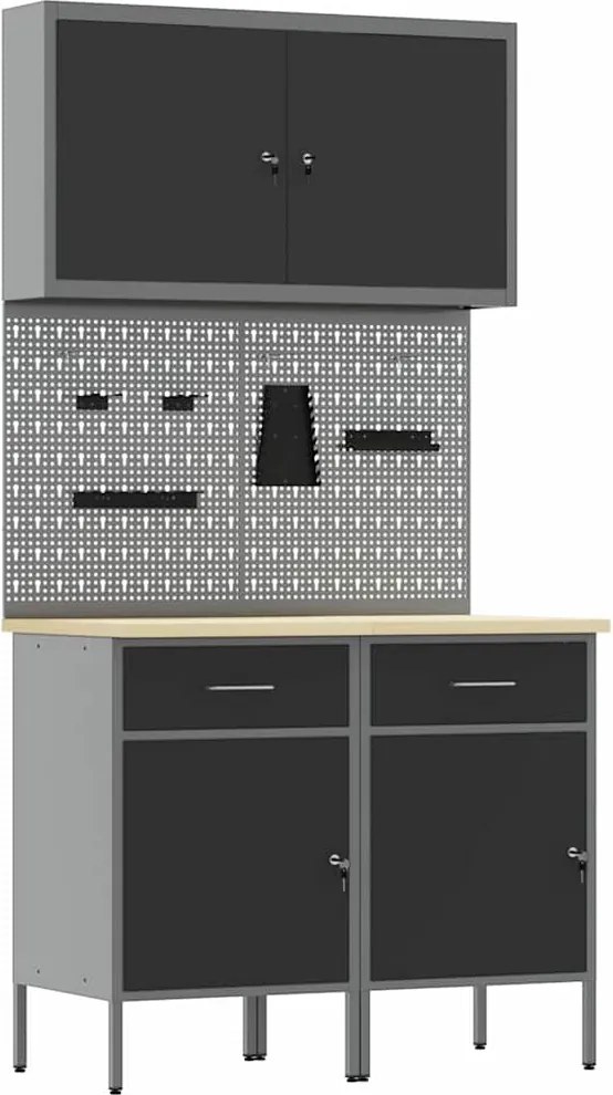 vidaXL Dulap de lucru cu sertar 5 pcs Negru Lemn ingineresc și oțel